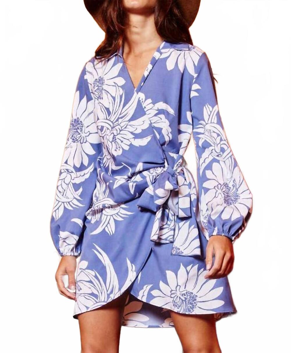 NEW BUCKETLIST dana floral print puff wrap mini dress in blue